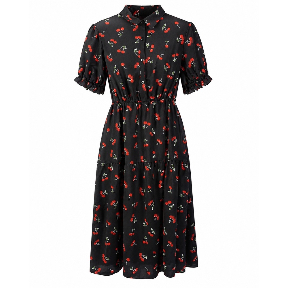 Cherry Print Midi Dress Womens XL Black Red Puff Sleeve Tiered Retro Pinup